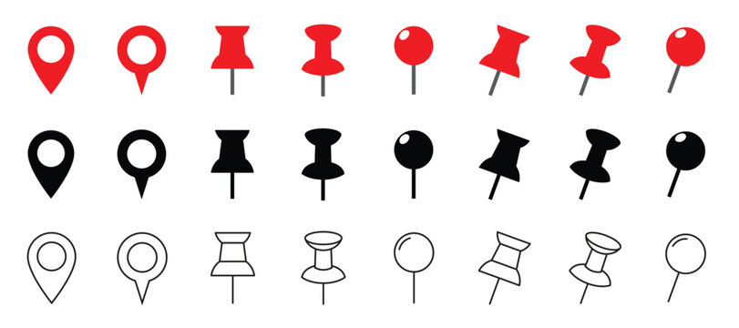 Set of vector map pin and push pin icons in red black and outline styles