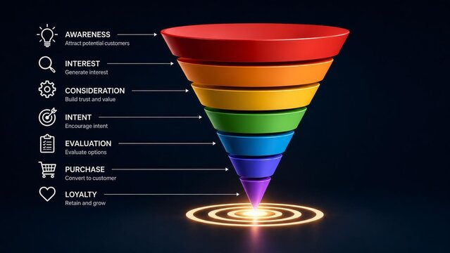 Layered 3d funnel with marketing stage labels and glowing target base. Concept of sales funnel strategy and customer journey tracking.