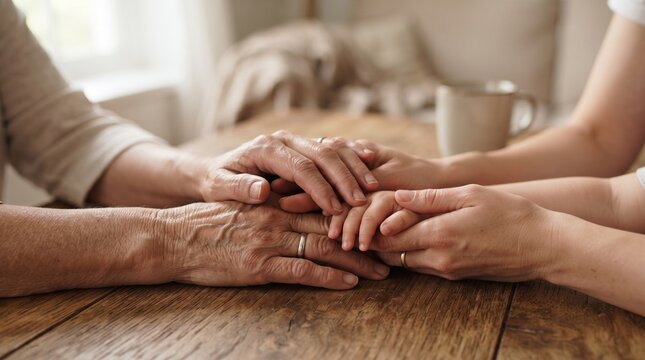 Two generations of hands clasped together on a wooden table, symbolizing love, support, and the passing of wisdom.