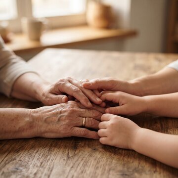 Intergenerational hands, young and old, gently touch, symbolizing love, comfort, and the passing of time, in this intimate portrait of family connection.