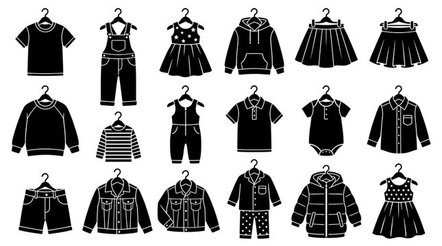 Black  White Glyph Icons of Children's Clothing on Hangers