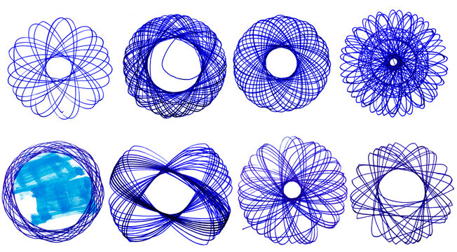 Collection of blue hand drawn spirograph patterns. Intricate geometric circular line art drawn with a pen on a white background, blue ink drawings resembling mandalas with overlapping loops