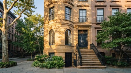 Fototapeta premium Brownstone townhouse exterior with blue door and front steps