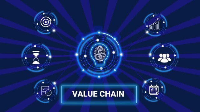 Business value chain optimization and supply chain graphic loop with glowing biometric fingerprint icon on dark technology background asset