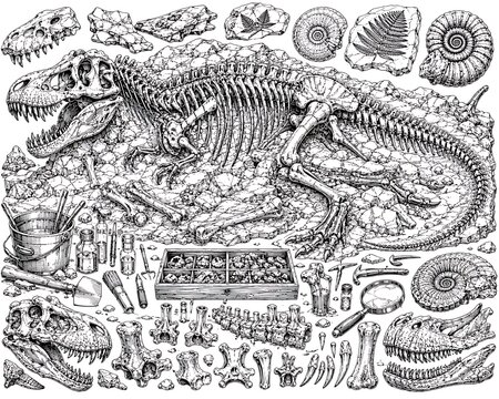 paleontology excavation, fossil excavation, fossil plate, paleontology illustration, fossil specimen, dinosaur fossil, prehistoric excavation, archaeological dig, paleontologist tools, fossil discover