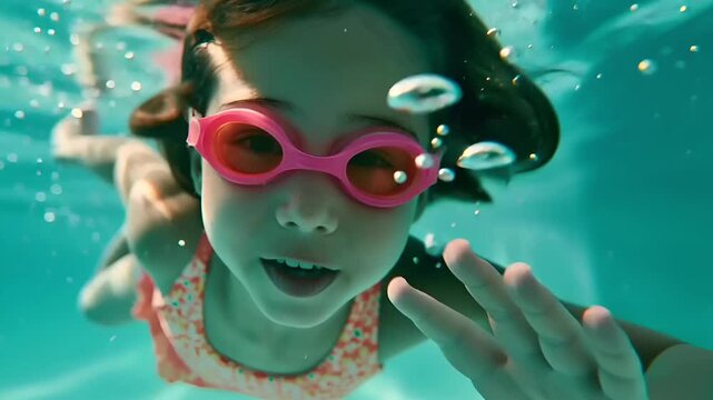 Summer hot vibe lifestyle. A vibrant underwater portrait of a young girl, captured in a candid moment. She wears bright pink swimming goggles and a floralpatterned swimsuit. Her right hand is raised.