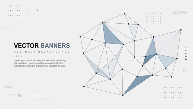 Vector banner template with abstract geometric network, polygon mesh, connected nodes, triangular facets, blue gray tones, minimalist technology background, and modern corporate layout.