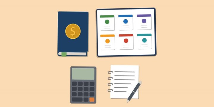 Financial learning materials, budgeting references and personal finance study resources. Money education toolkit concept scene. Financial literacy, money management education.
