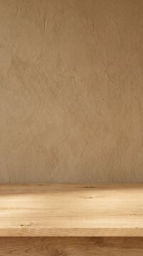 Vertical shot of natural oak wood shelf against warm ochre Japanese earthen clay wall with susa fibers