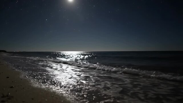 Full moon rising over calm ocean waves at night with starry sky backdrop