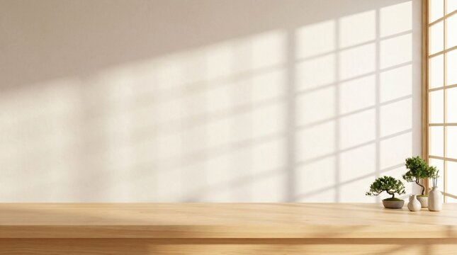 Solid hinoki wood counter with bonsai trees and Shoji window shadow on off-white plaster wall