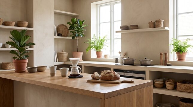 Minimalist beige kitchen with fresh sourdough bread, pour over coffee and green plants on wooden island