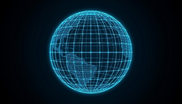A glowing blue wireframe globe of the Earth rotates against a black background, representing global connectivity.