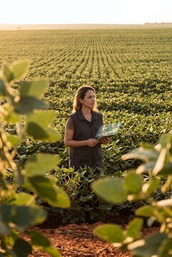 Female Agronomist Using Digital Tablet with Holographic Interface for Smart Farming in Soybean Field at Sunset