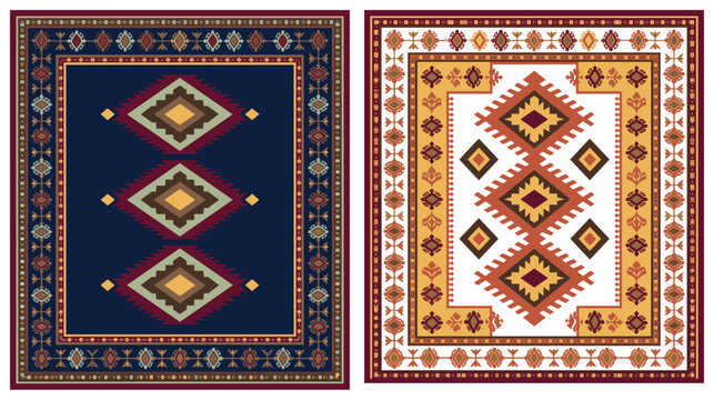 two carpet designs with traditional tribal patterns and geometric diamond shapes.
