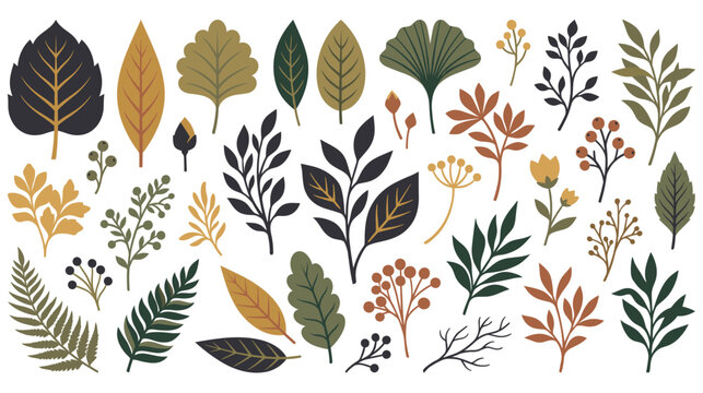 Set of autumn leaves and branches with berries and flowers for nature design.