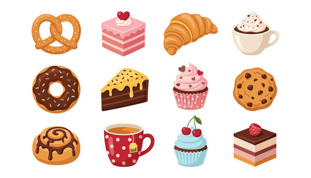 Sweet bakery desserts collection with chocolate donuts cupcakes croissants pretzels cookies coffee and tea vectors