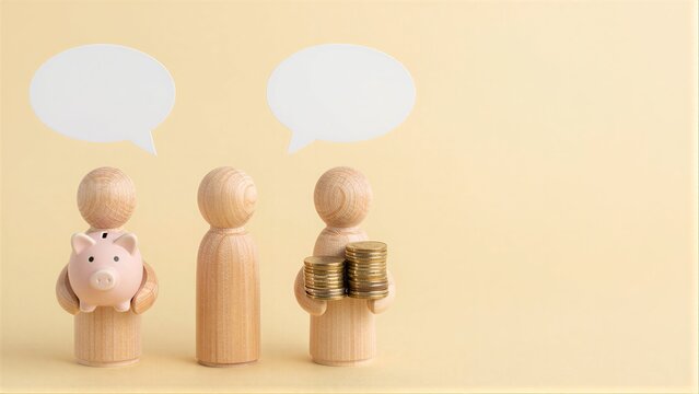 Three wooden figures represent financial discussions with piggy banks and coins.