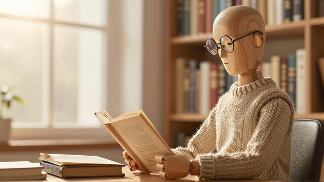 Wooden figure with glasses reads book in cozy library setting.