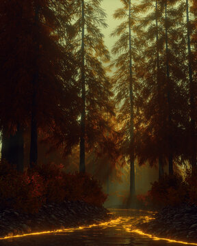 Mystical autumn forest with tall trees and a glowing golden stream at sunset