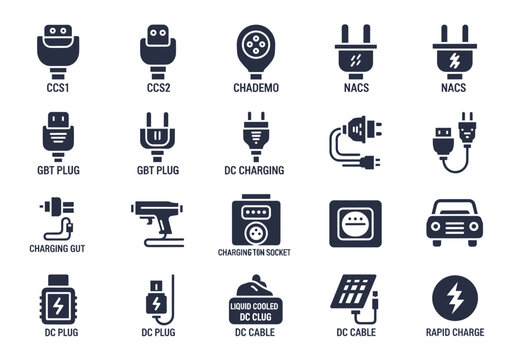Electric vehicle dc icon set for charging station plugs