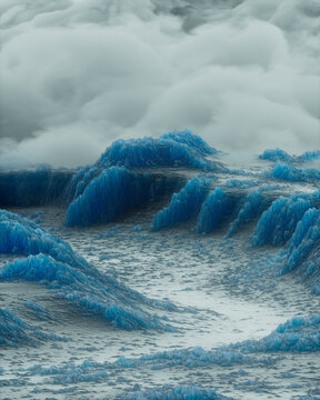 Surreal alien blue ice mountain landscape under thick cloudy sky