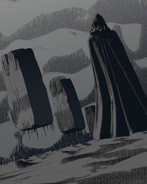 Dark fantasy concept art of a mysterious hooded traveler standing before floating monolith stones