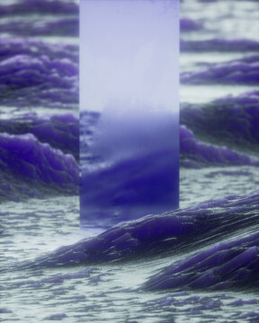 Surreal purple alien landscape background with glowing geometric monolith and strange terrain