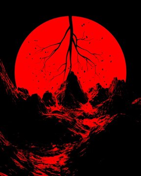 Stark red and black minimalist abstract landscape with giant red sun and tree branches