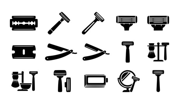 Razor blade shaving tool black and white flat glyph vector icon set