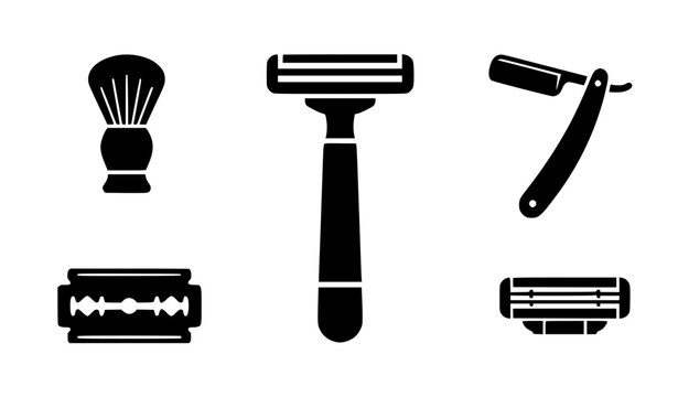 Shaving razor blade grooming and personal care black white flat vector icons