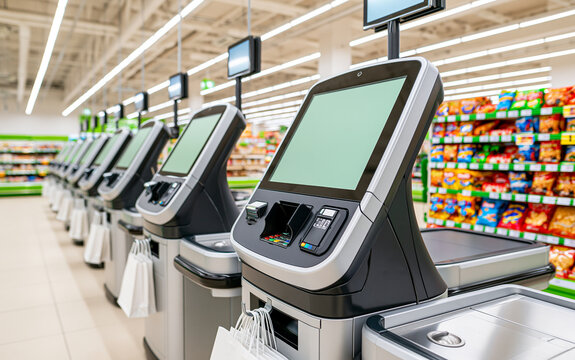 Modern self checkout kiosks in a bright supermarket aisle. Automated retail payment stations beside colorful snack shelves in a clean grocery