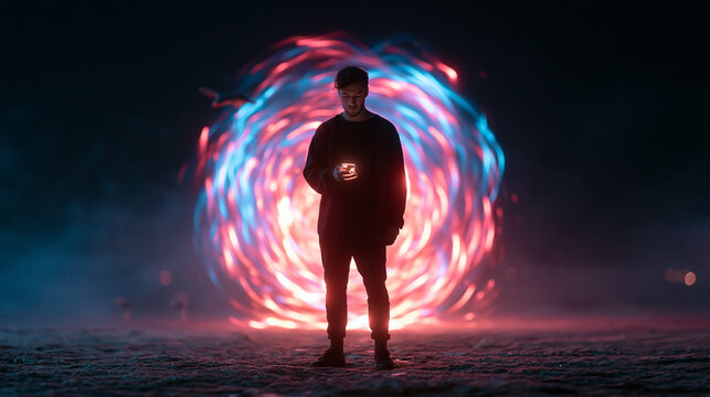Futuristic Man Standing Before Glowing Sci-Fi Portal