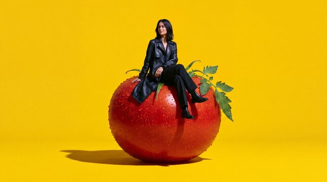 Stylish Woman Sitting on Giant Ripe Red Tomato