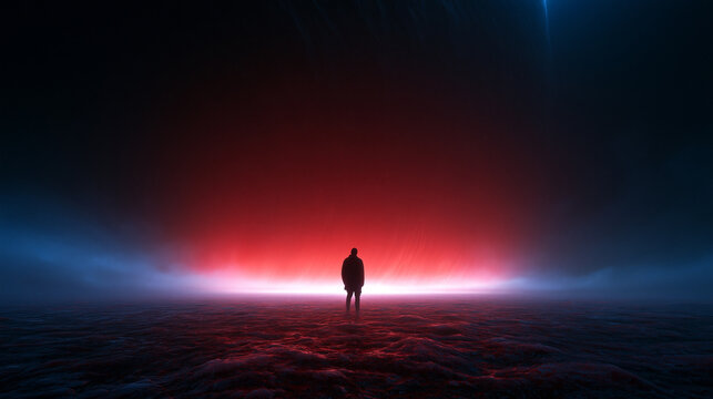 Silhouette Standing Before Glowing Red Sci-Fi Horizon