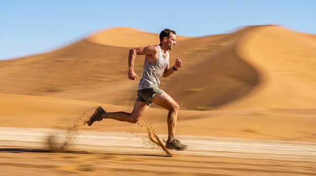 Athletic Man Running Fast Across Desert Sand Dunes