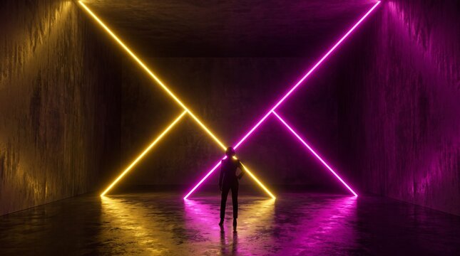 Silhouette of Person Standing in Front of Geometric Neon Lights