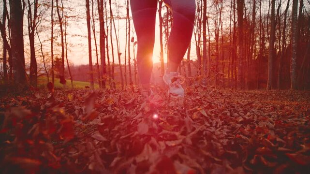 LENS FLARE, LOW ANGLE, CLOSE UP, DOF, SLOW MOTION: Woman runs through carpet of fallen leaves in autumn forest, sending foliage flying with every step. Lively moment of outdoor exercise in fall season