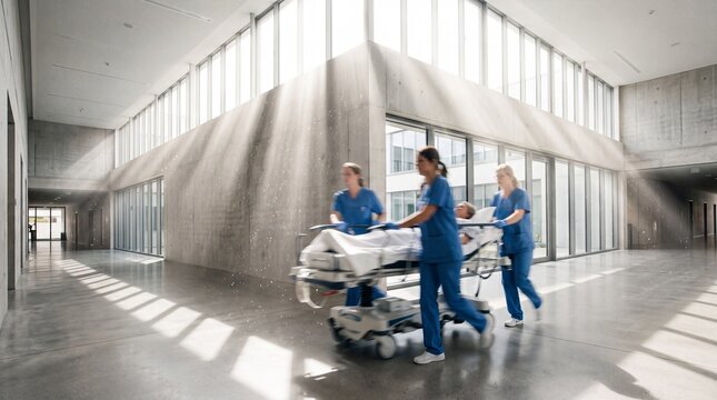 Medical Team Rushing Patient on Stretcher in Hospital Corridor
