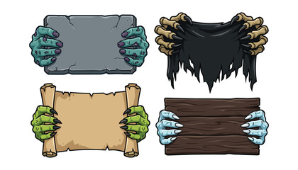 Spooky halloween monster hands holding blank signs vector set with zombie claws stone slab scroll cloth and wooden board, © moinul