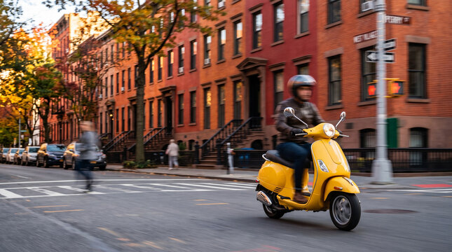 Man Riding Yellow Scooter on City Street with Brownstones