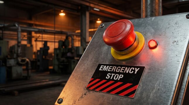 Large red emergency stop button mounted on a metallic industrial control panel with a small glowing light and clear label