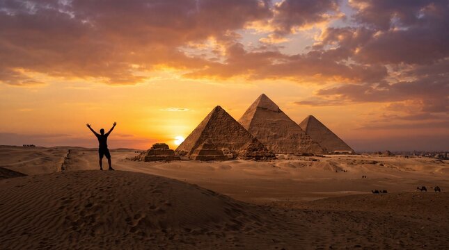 Tourist Celebrating Sunset at Great Pyramids in Egypt