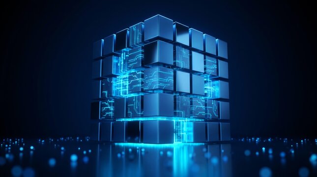 Futuristic metallic cube featuring glowing blue circuitry lines and complex digital components rendered with a sleek modern high tech aesthetic