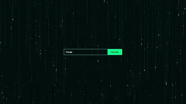 Digital technology prompt interface overlay with binary code falling background motion graphics loop seamlessly looping animation featuring a digital input box and generate button overlaid on top