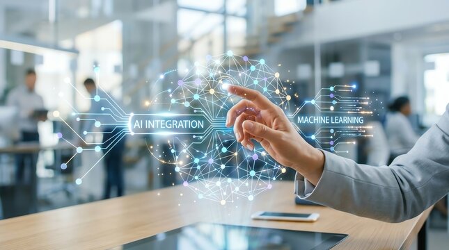 Businessperson interacting with futuristic AI integration and machine learning interface hologram in modern office