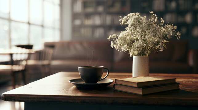 Relaxing coffee break in a stylish living room adorned with fresh flowers and a collection of books