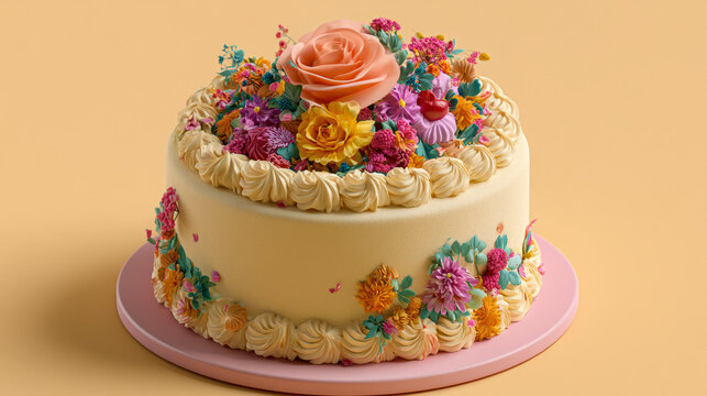 A stunning cake adorned with vibrant floral decorations set against a soft and inviting background