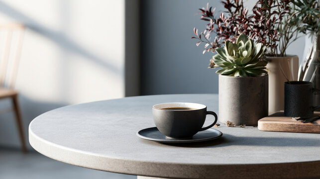 Serene morning atmosphere featuring a coffee cup and lush indoor plants arranged on a simple elegant table