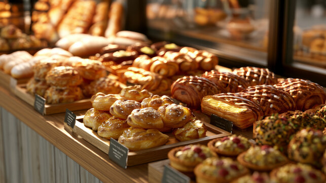 Tempting variety of freshly baked pastries showcased in a contemporary bakery environment